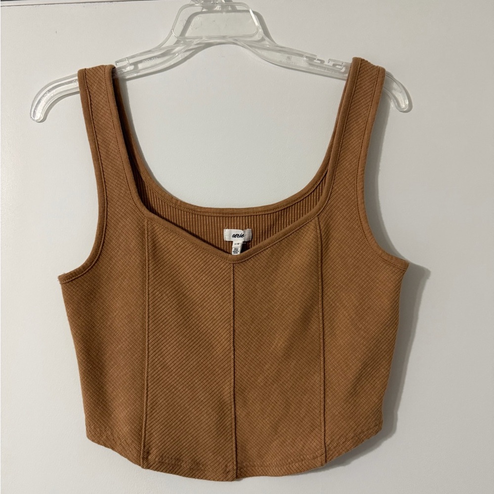 NWT Aerie Corset Tank Brown Ribbed Cropped with Scoop Neck